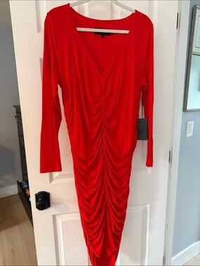 11 Honore Red Ruched V-Neck Long Sleeve Dress